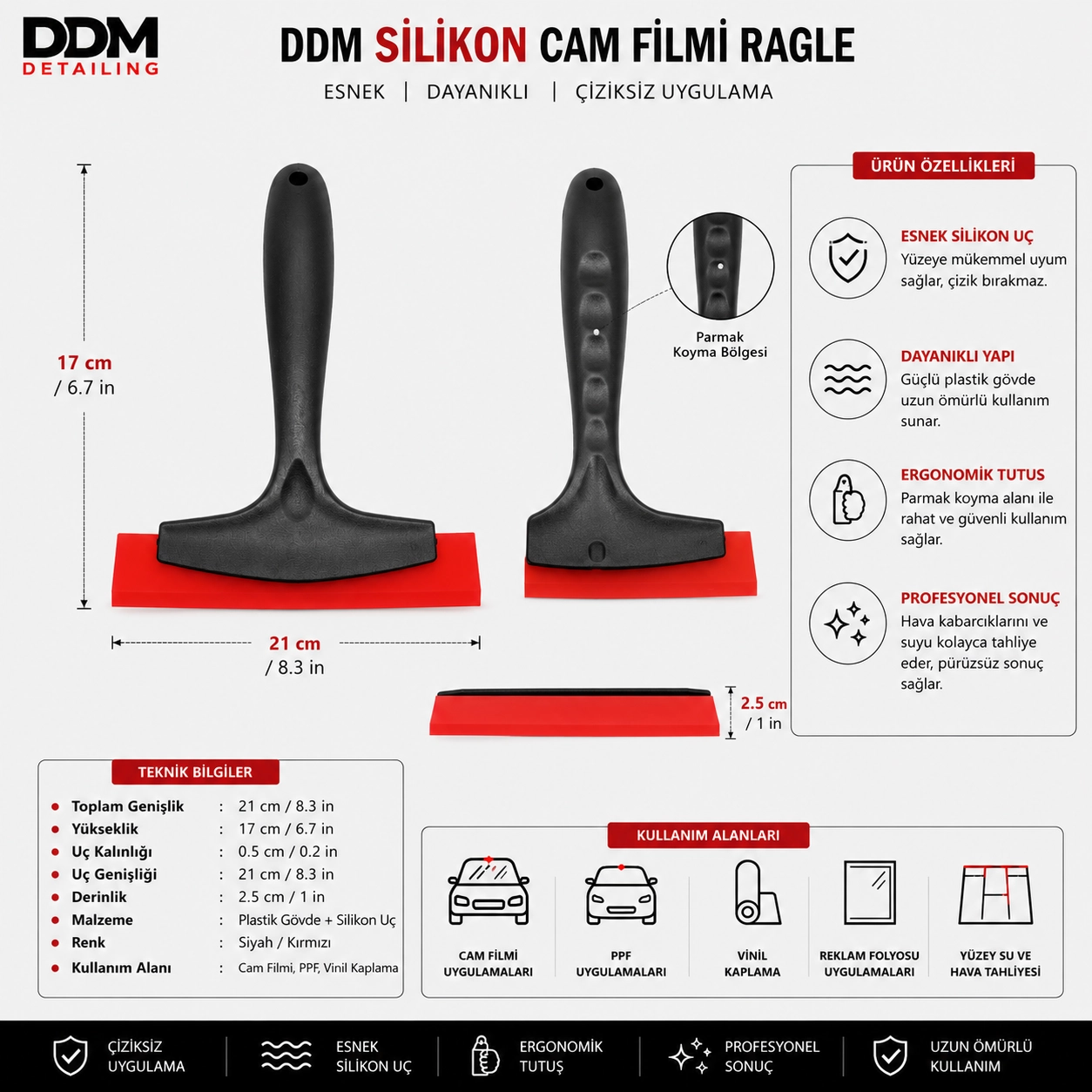 DDM Profesyonel Saplı Silikon Ragle Kırmızı Uç | PPF Cam Filmi ve Folyo Uygulama Aparatı