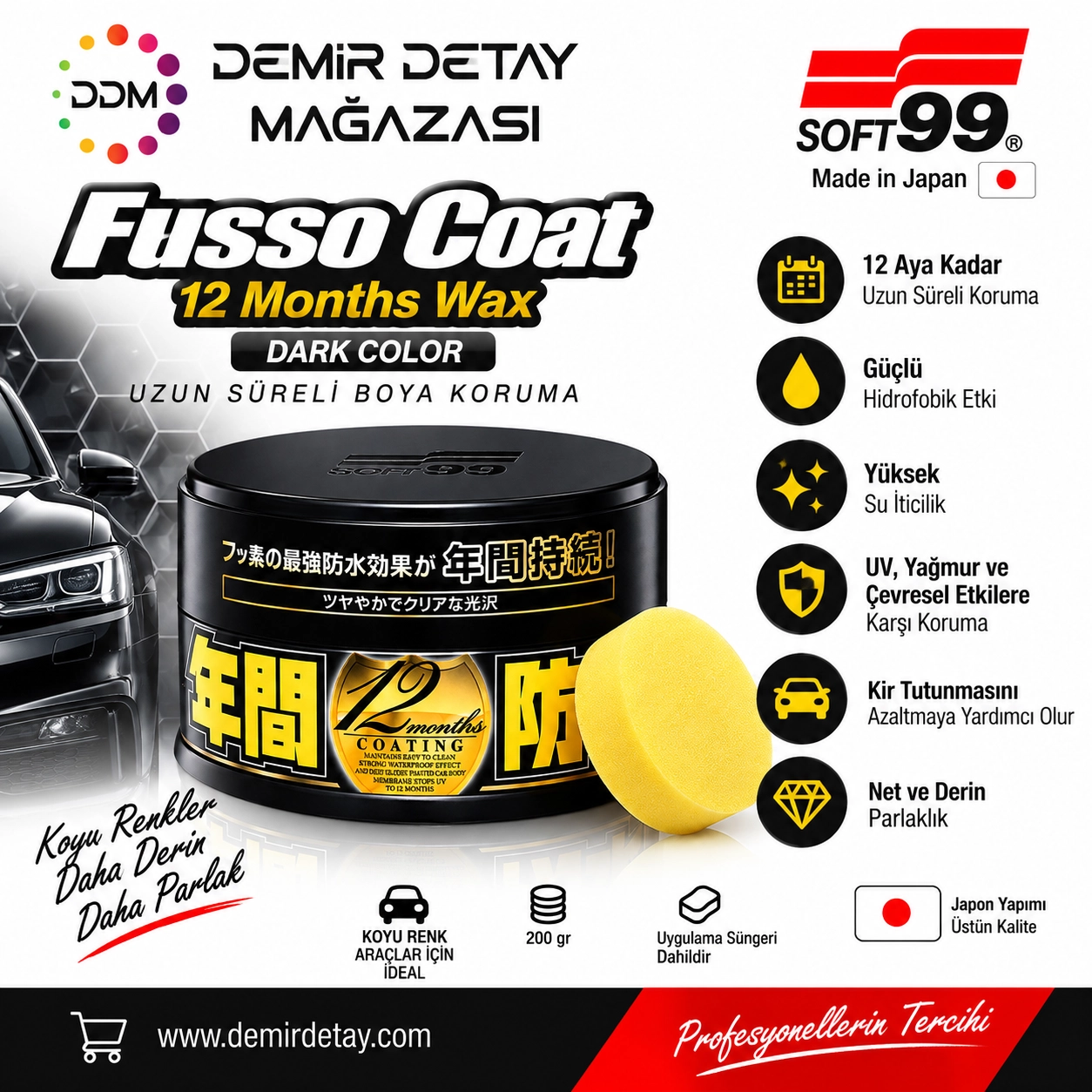 Soft99 Fusso Coat 12 Aylık Wax Koyu Renk Araçlar İçin 200 gr