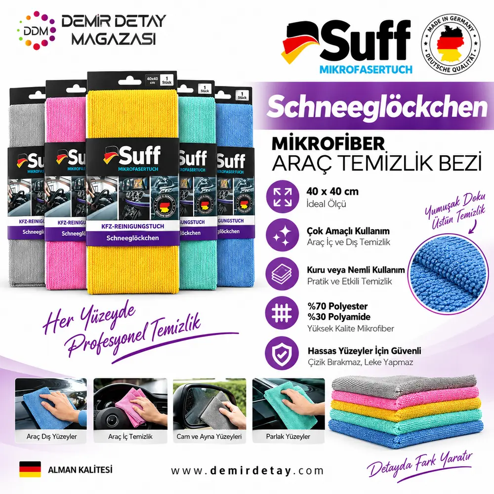 Suff Schneeglöckchen Mikrofiber Araç İç ve Dış Temizlik Bezi 40x40 cm
