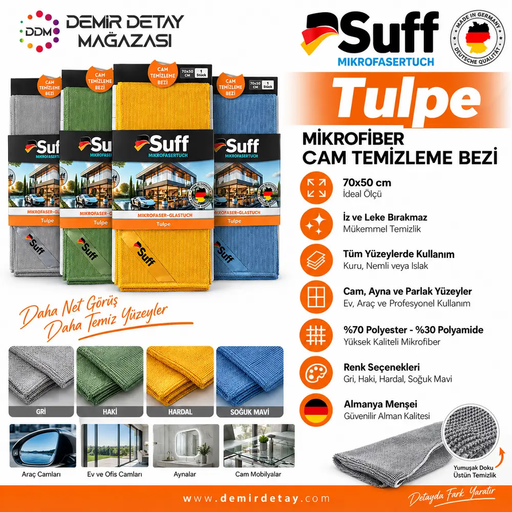 Suff Tulpe Mikrofiber Cam Temizleme Bezi 70x50 cm | İz Bırakmaz