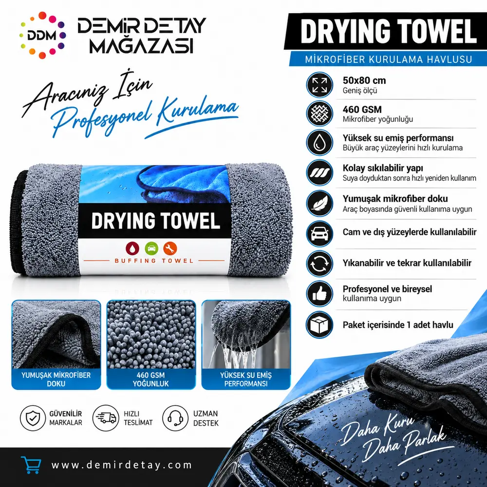 ValetPRO Drying Towel Kurulama Havlusu 50x80 cm 460 GSM Gri
