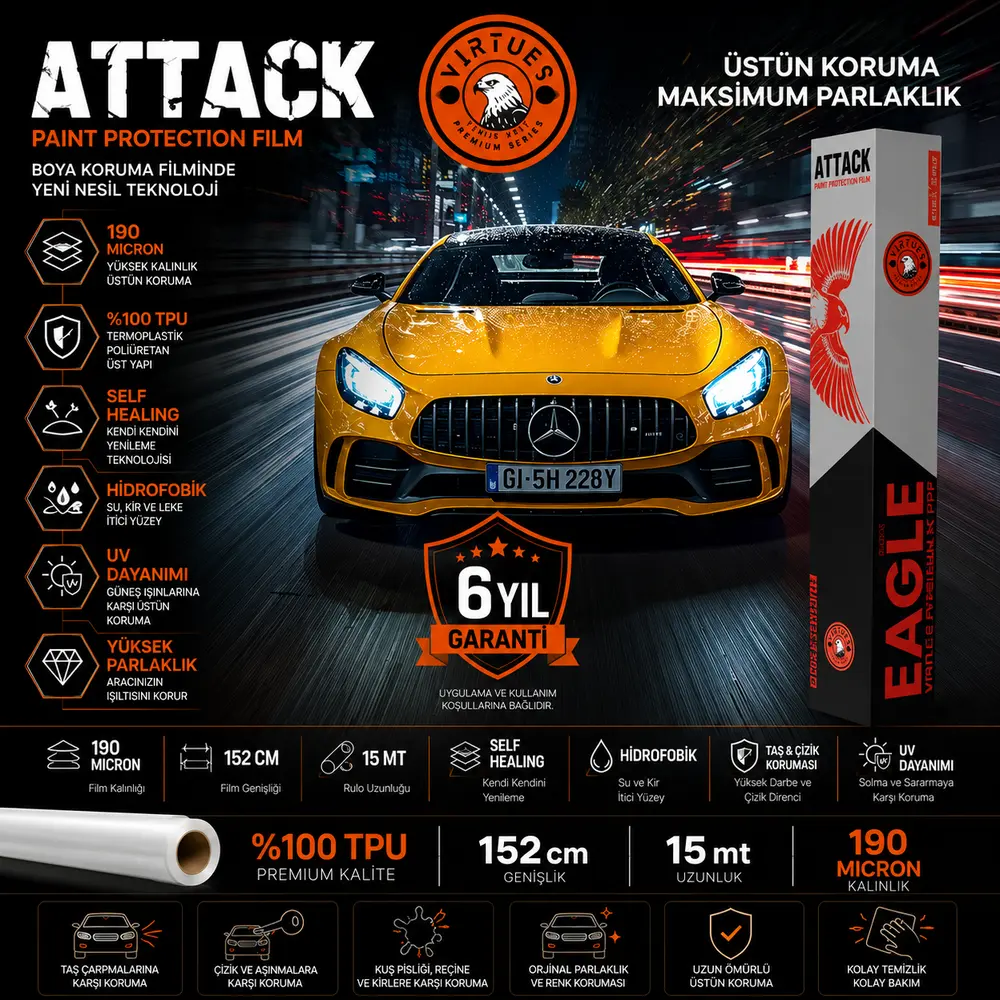 Virtues Attack Seri 190 Micron TPU Boya Koruma Filmi 152 cm x 15 m