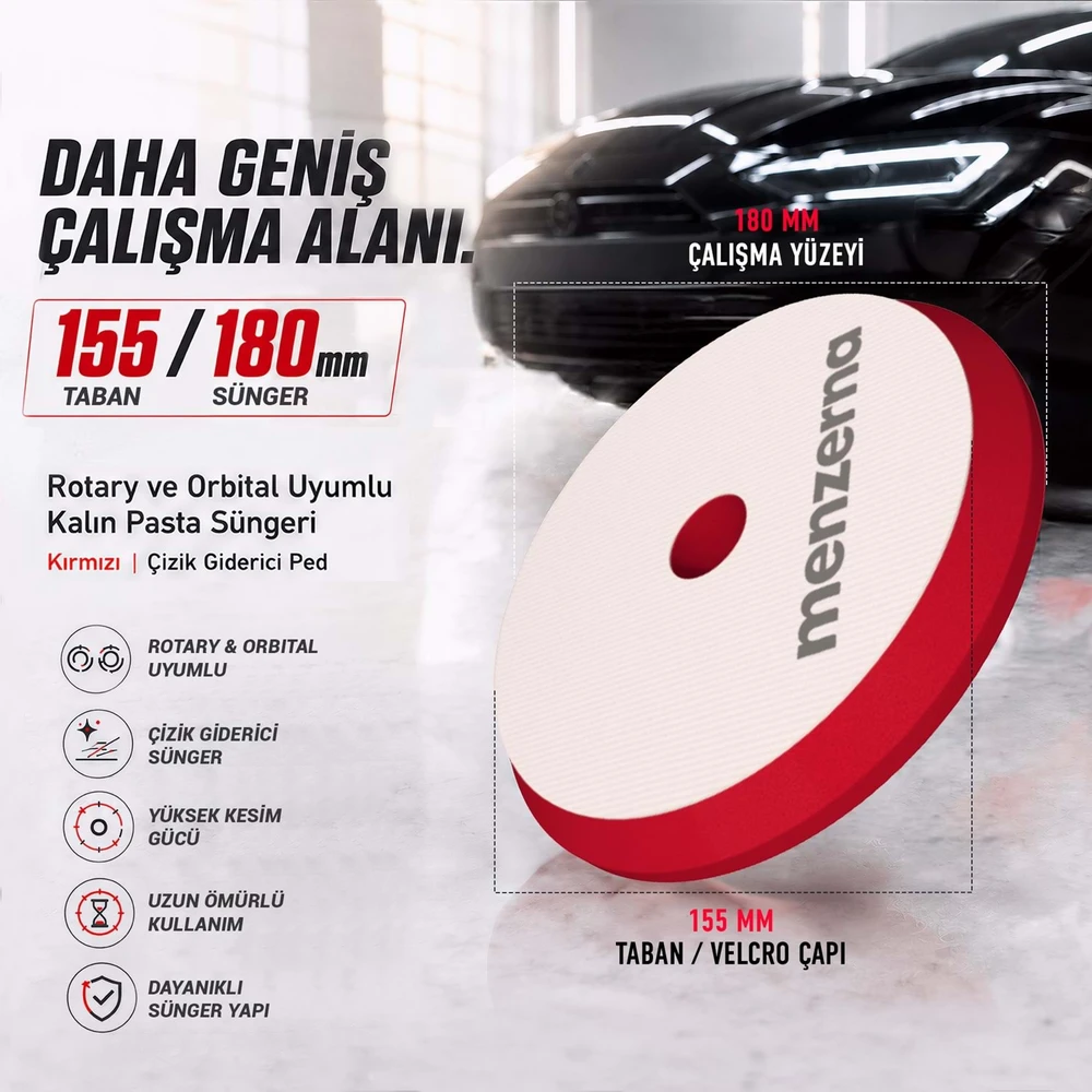 Menzerna Heavy Cut Kırmızı Kalın Pasta Süngeri 155/180 mm – Rotary ve Orbital Uyumlu