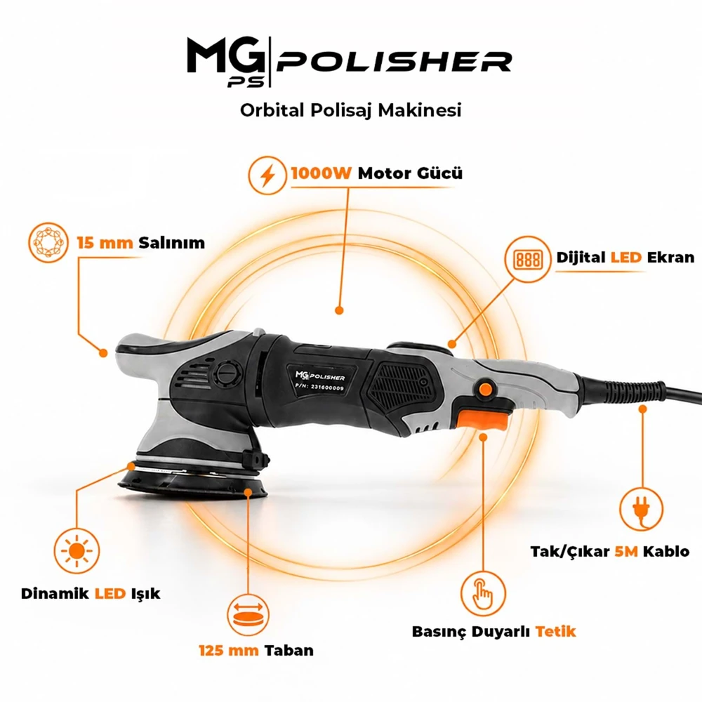 MG PS MG-OPV001 1000W Orbital Polisaj Makinesi – 15 mm Salınım, 125 mm Taban ve Dijital LED Ekran