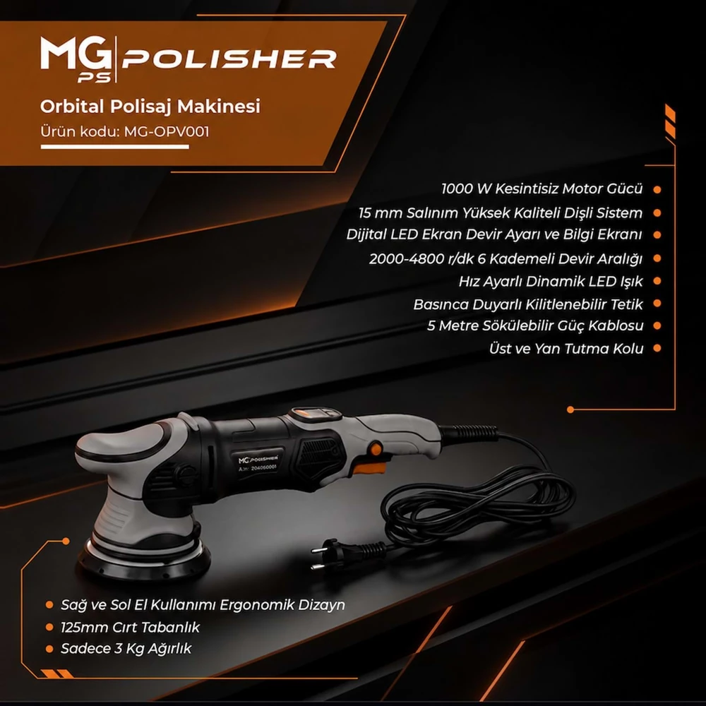 MG PS MG-OPV001 1000W Orbital Polisaj Makinesi – 15 mm Salınım, 125 mm Taban ve Dijital LED Ekran