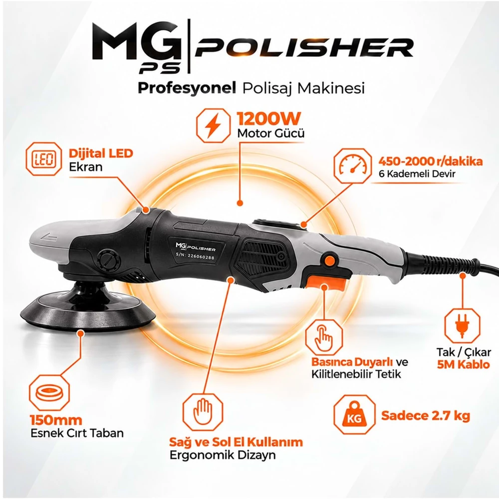 MG PS MG-RPV002 RX PRO 1200W Rotary Polisaj Makinesi – Dijital LED Ekran ve 150 mm Esnek Taban