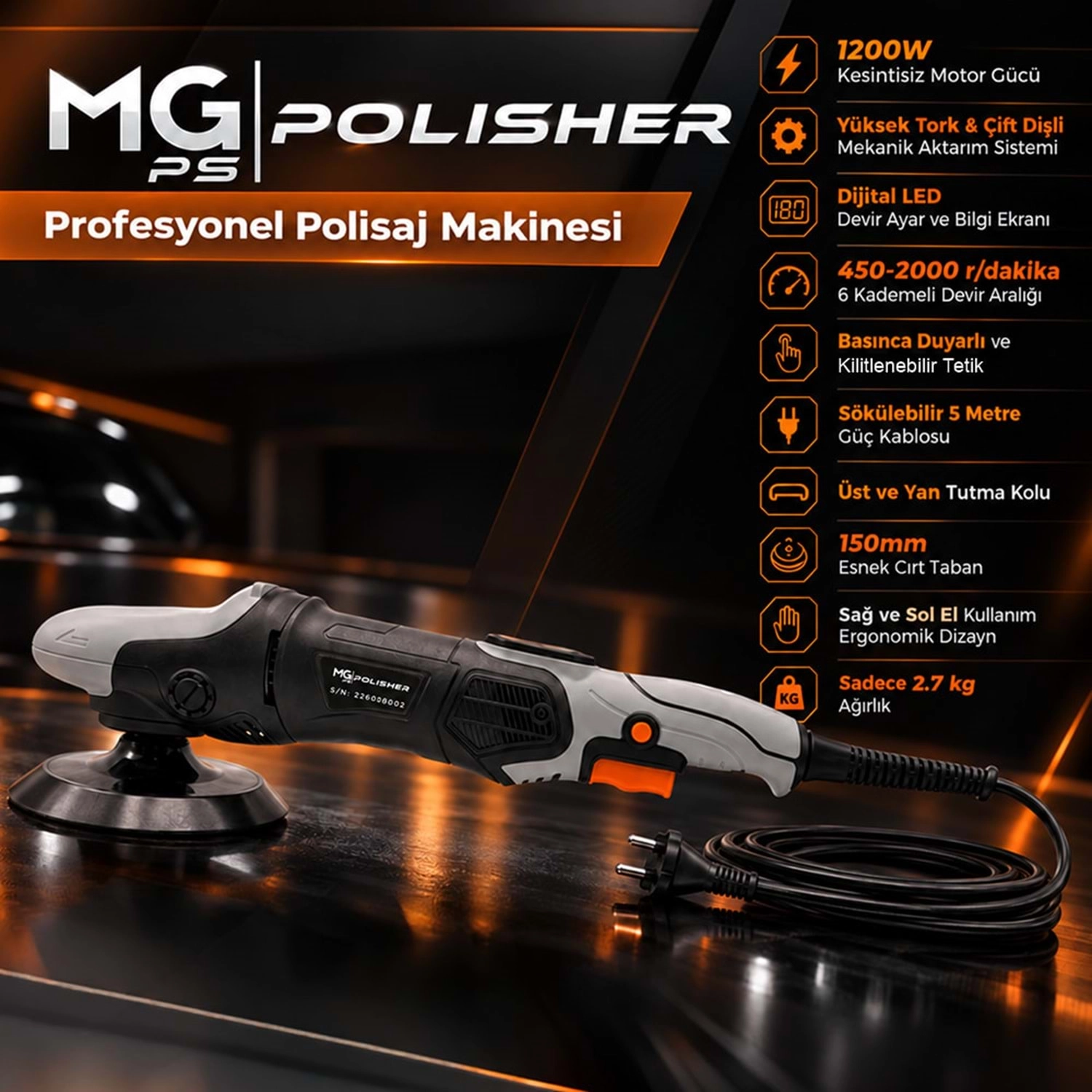MG PS MG-RPV002 RX PRO 1200W Rotary Polisaj Makinesi – Dijital LED Ekran ve 150 mm Esnek Taban
