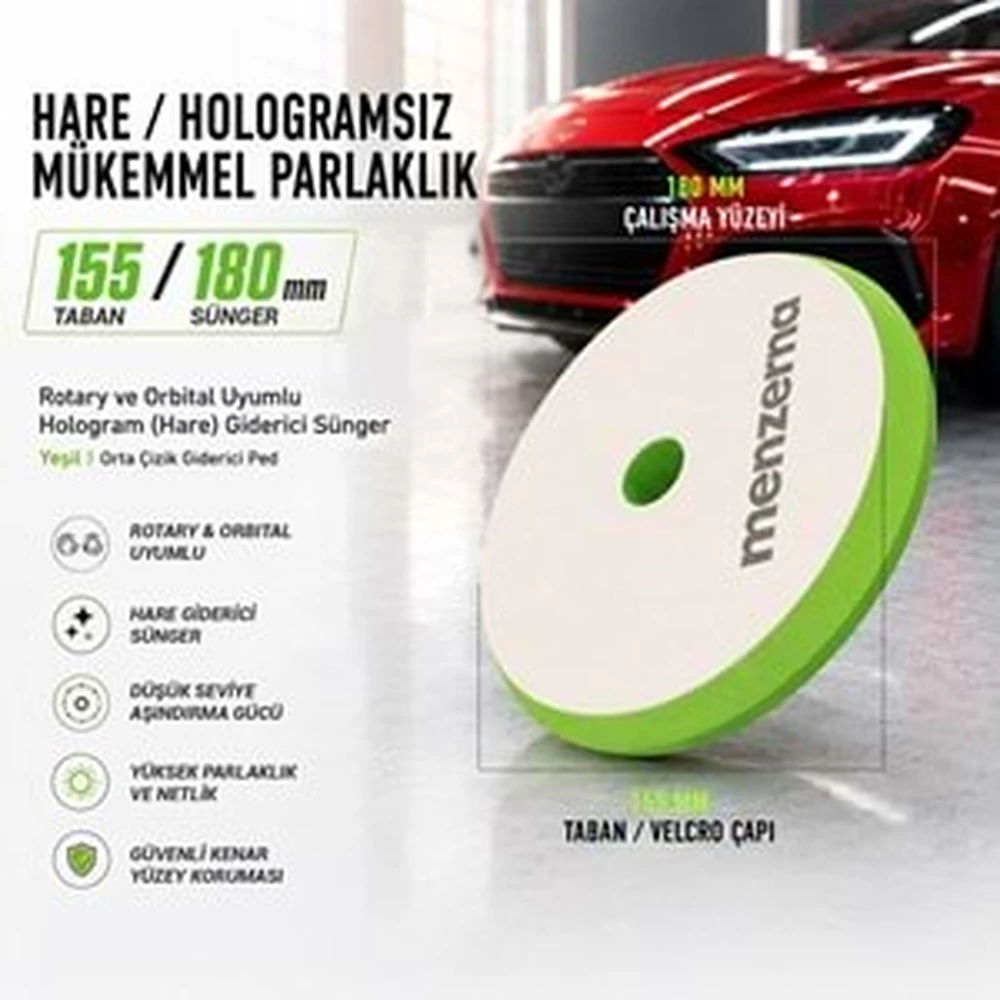 Menzerna Soft Cut Hare Giderici Cila Süngeri 155/180 mm Yeşil – Rotary ve Orbital Uyumlu