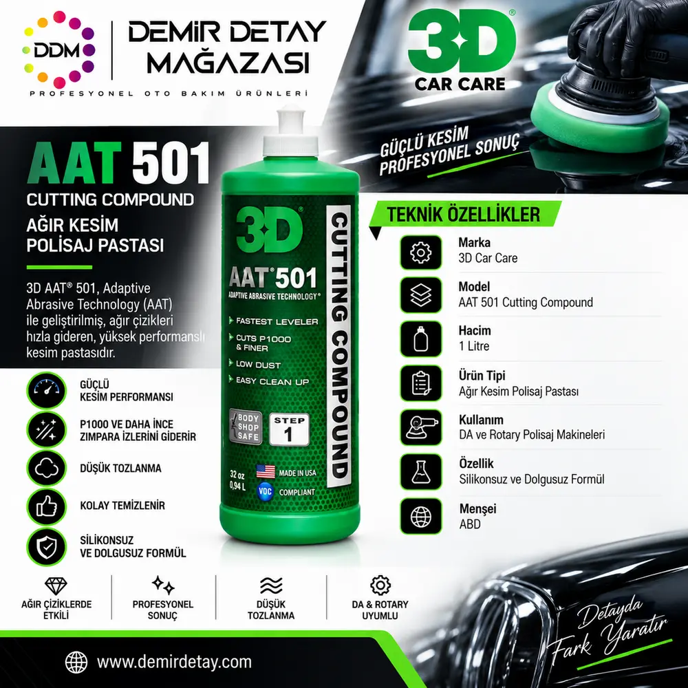 3D AAT 501 Kalın Pasta Çizik Giderici 1 Litre | Profesyonel Heavy Cut Polisaj Pastası