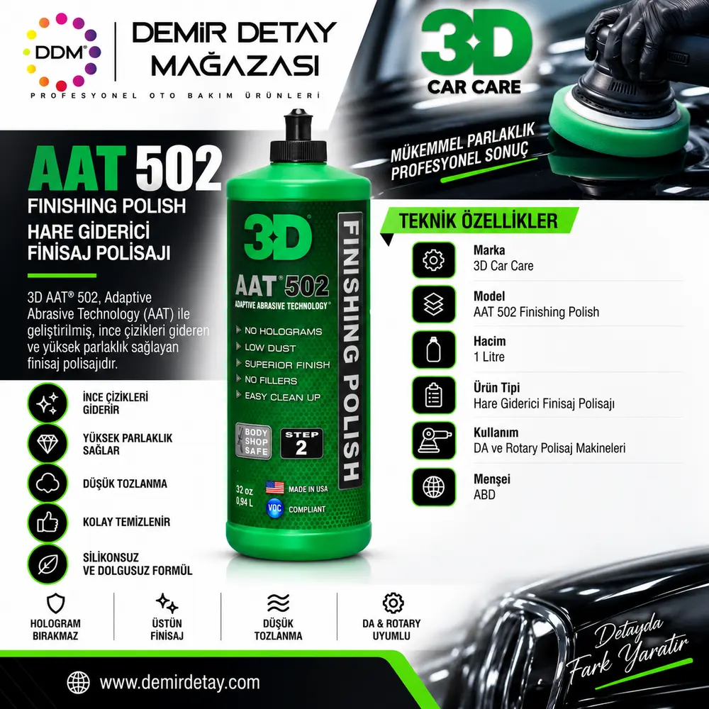 3D AAT 502 Hare Giderici Finishing Polish 1 Litre | Profesyonel Finisaj Polisaj