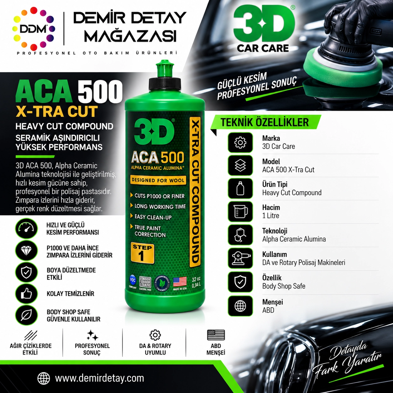 3D ACA 500 Premium Ağır Kesim Pasta 1 Litre | Heavy Cut Compound