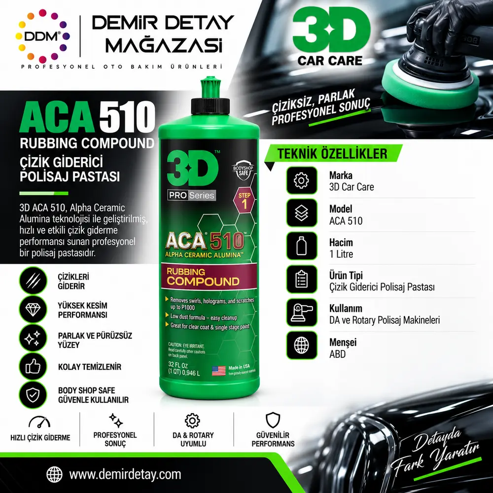 3D ACA 510 Premium Kalın Pasta Çizik Giderici 1 Litre | Orta ve Ağır Kesim Polisaj Pastası