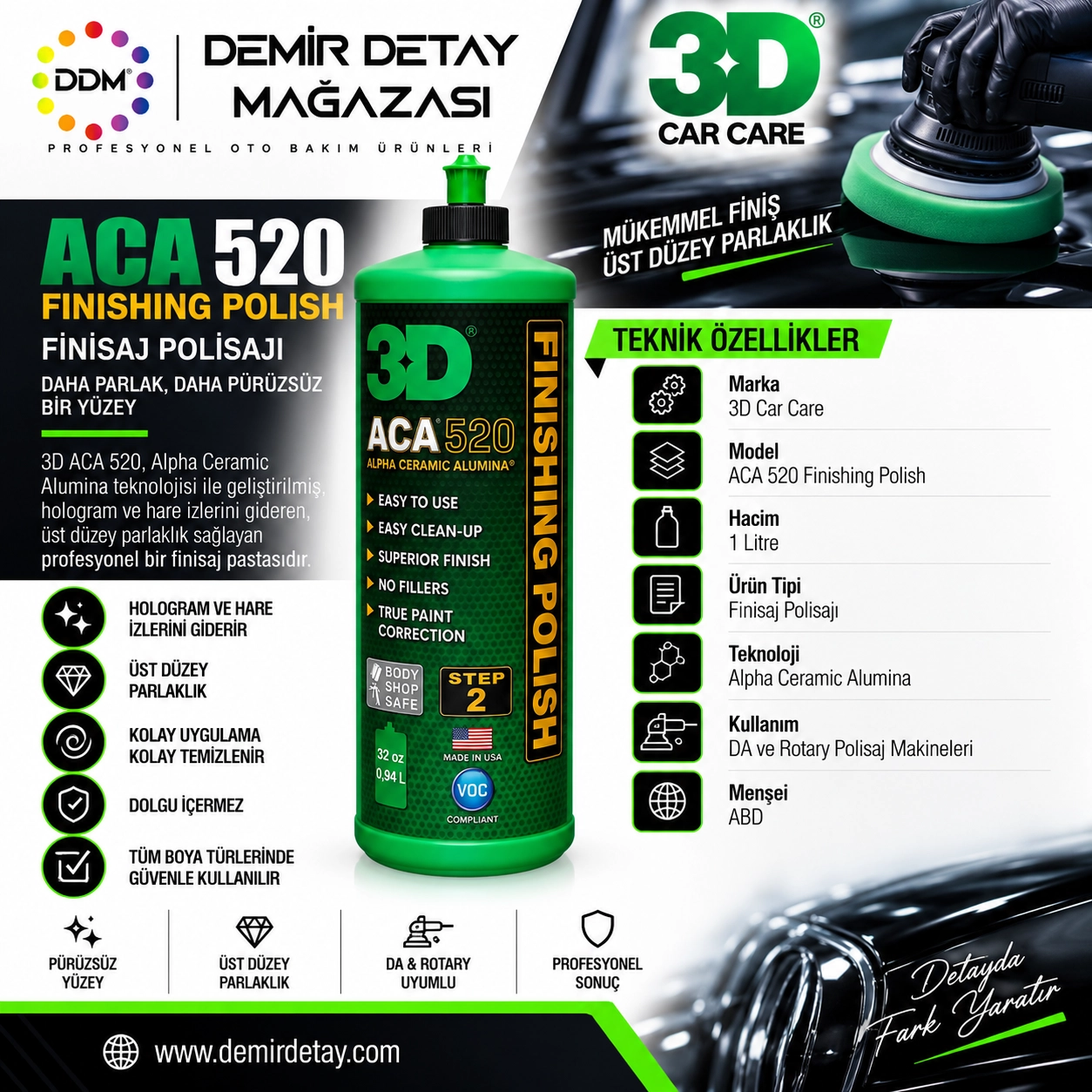 3D ACA 520 Finishing Polish Hare Giderici Cila 1 Litre | Profesyonel Finisaj Polisaj