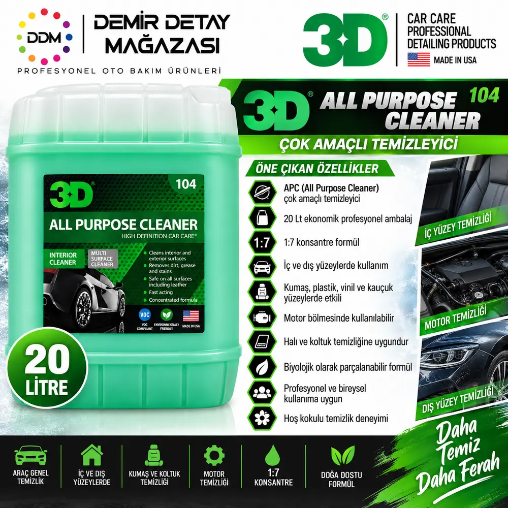 3D All Purpose Cleaner Genel Temizleyici 20 Lt | 1:7 Konsantre APC Çok Amaçlı Temizleyici