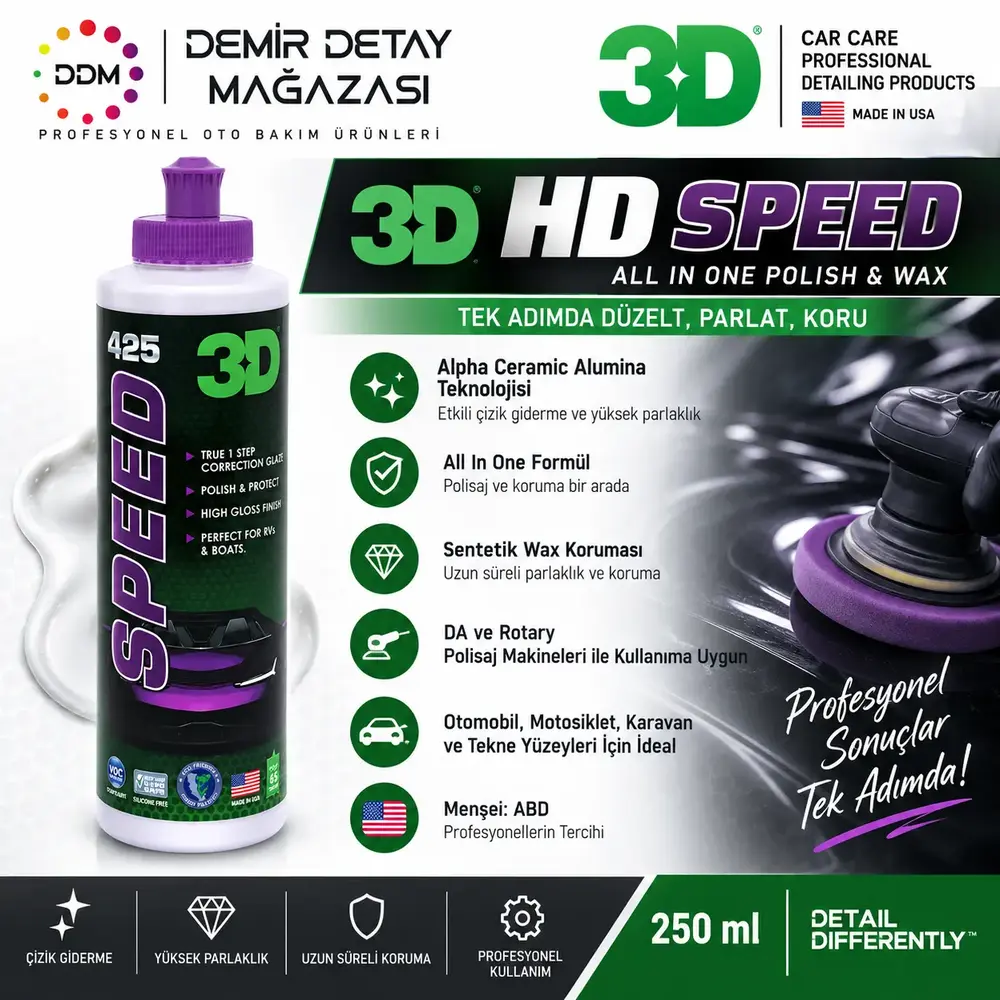 3D HD Speed All In One Polisaj ve Koruma 250 ml | Tek Adım Çizik Giderici ve Wax