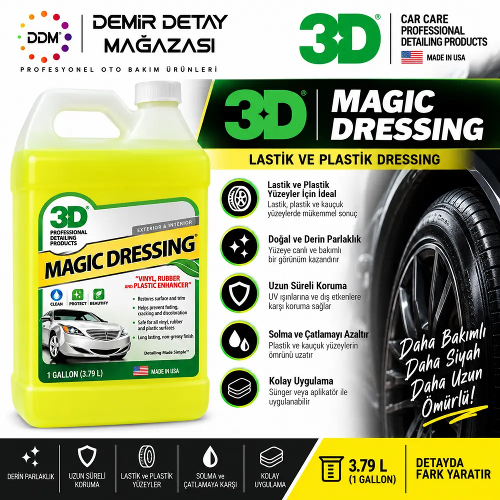 3D Magic Dressing Tire Lastik Bakım ve Parlatıcı 3.79 Litre | Profesyonel Lastik ve Plastik Yenileyici