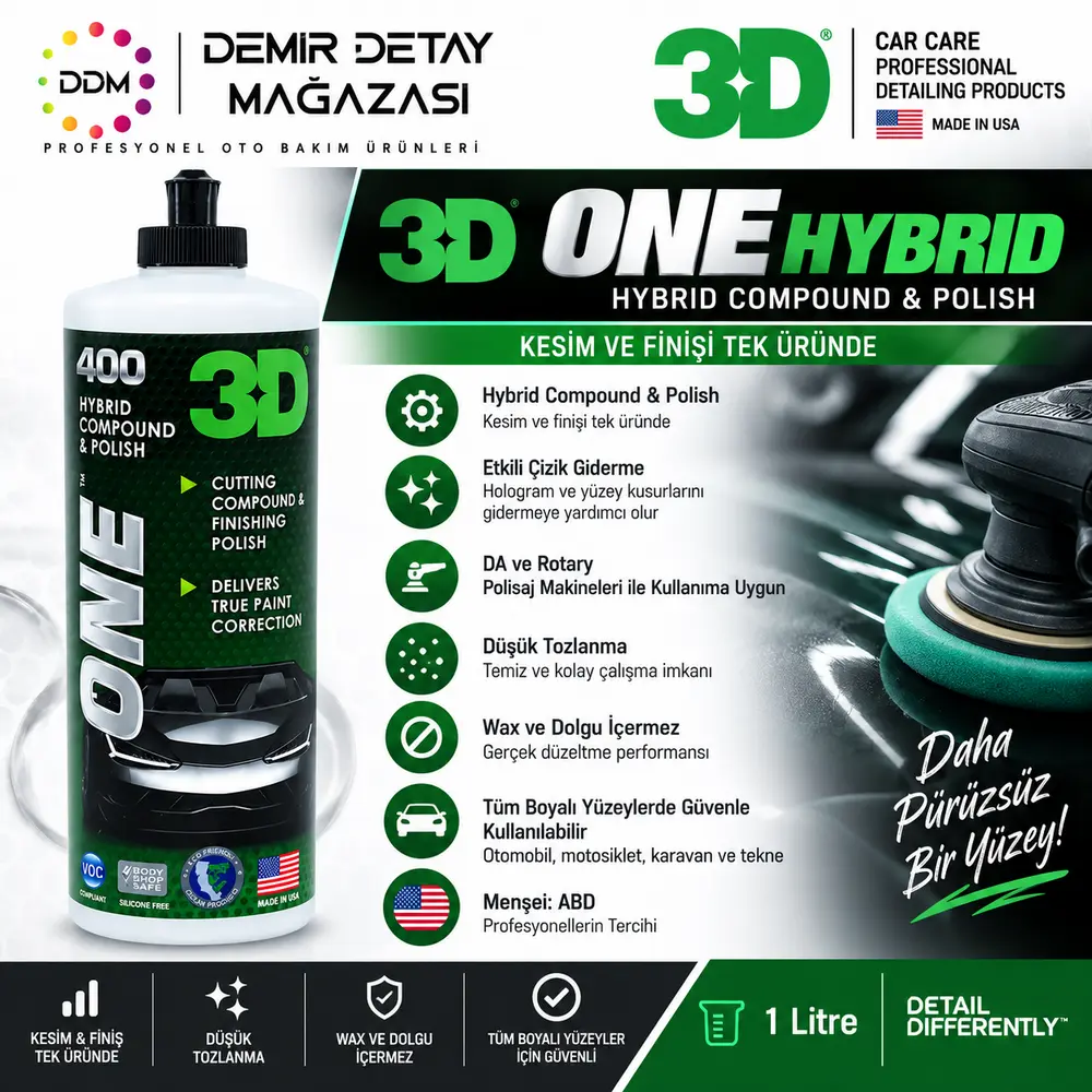 3D One Hybrid Çizik Alma, Hare Giderme ve Parlatma 1 Litre | Tek Adım Polisaj