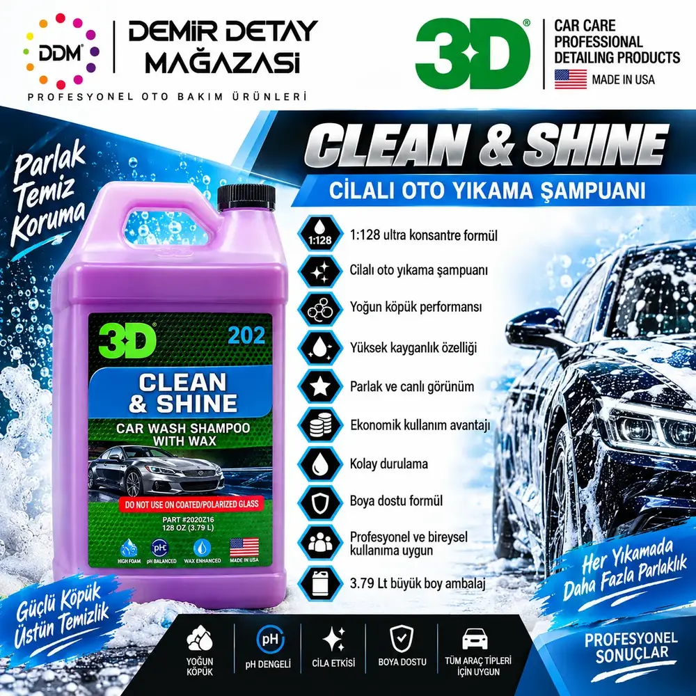 3D Wash N Wax Cilalı Oto Yıkama Şampuanı 3.79 Lt | 1:128 Ultra Konsantre