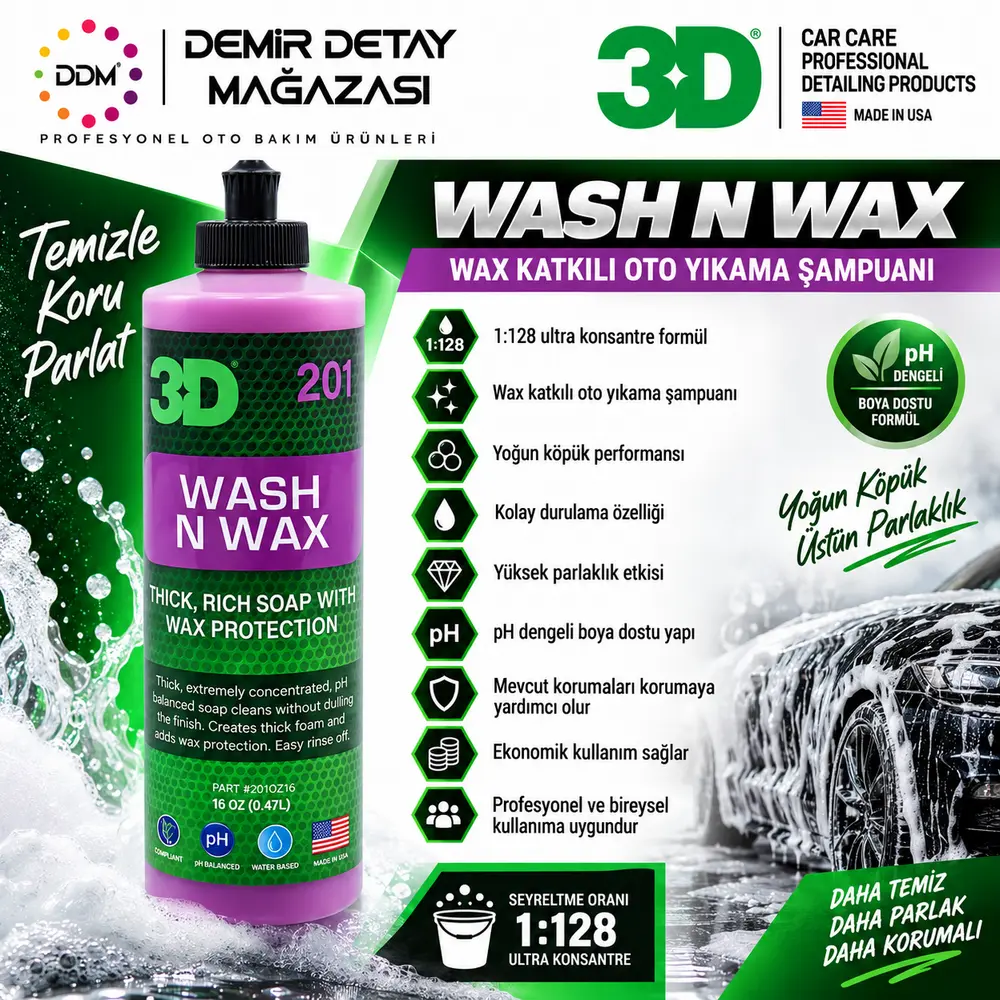 3D Wash N Wax Cilalı Oto Yıkama Şampuanı 500 Ml | 1:128 Ultra Konsantre