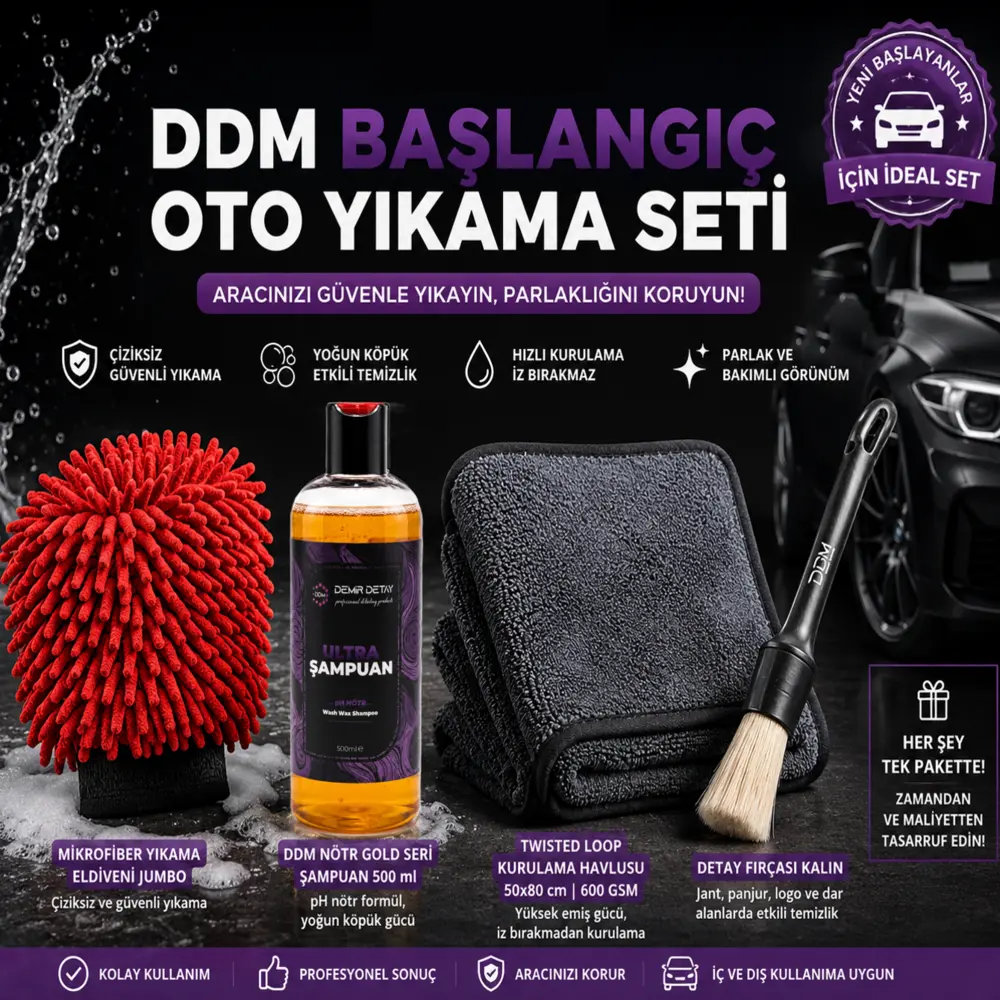 DDM Başlangıç Oto Yıkama Seti | Şampuan, Yıkama Eldiveni, Kurulama Havlusu ve Detay Fırçası DDM-BOS-001