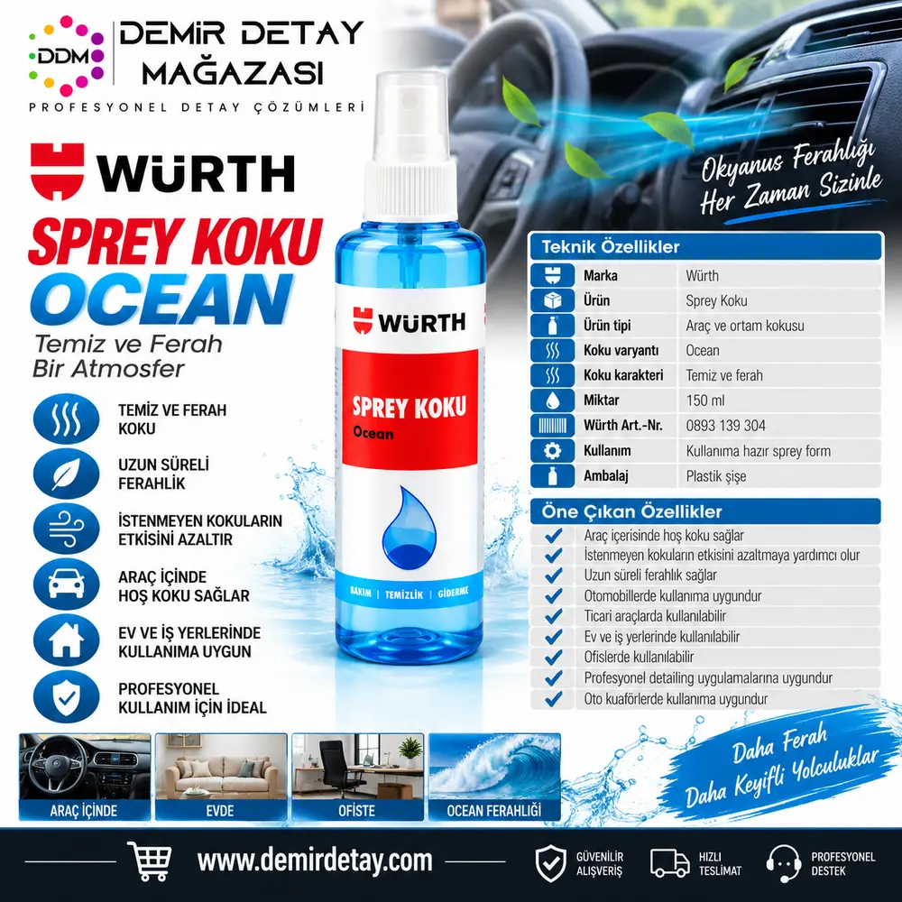 Würth Ocean Araç Kokusu 150 ml | Ferah Okyanus Kokulu Sprey