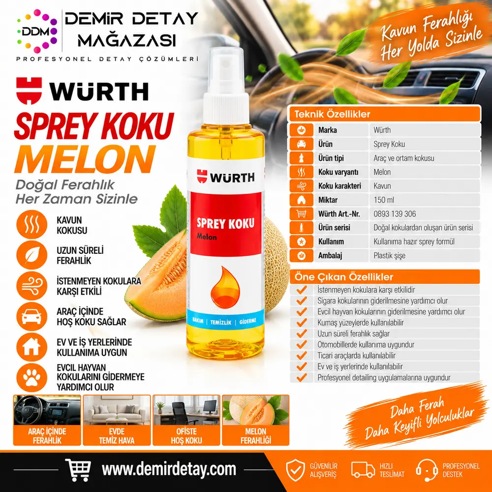 Würth Melon Araç Kokusu 150 ml | Kavun Kokulu Sprey Oto Parfümü