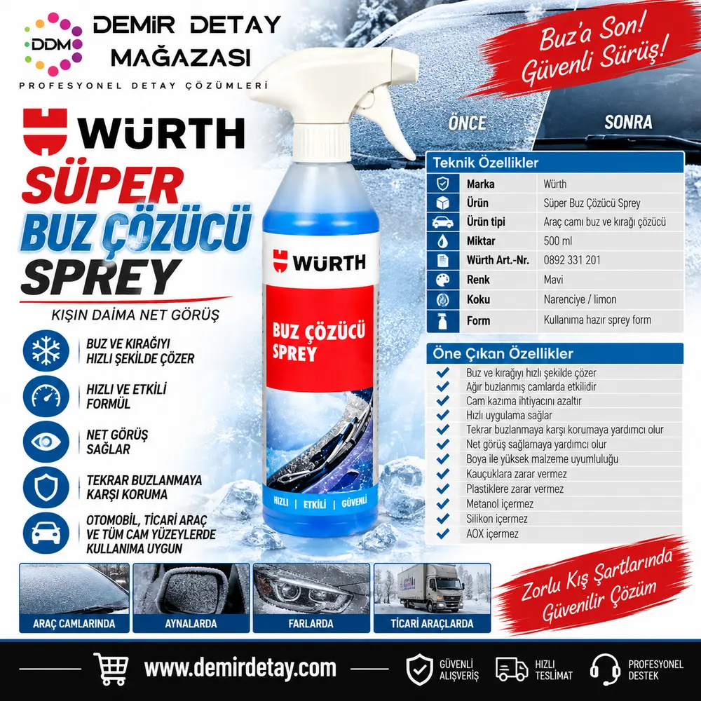 Würth Süper Buz Çözücü Sprey 500 ml | Cam Buz ve Kırağı Çözücü
