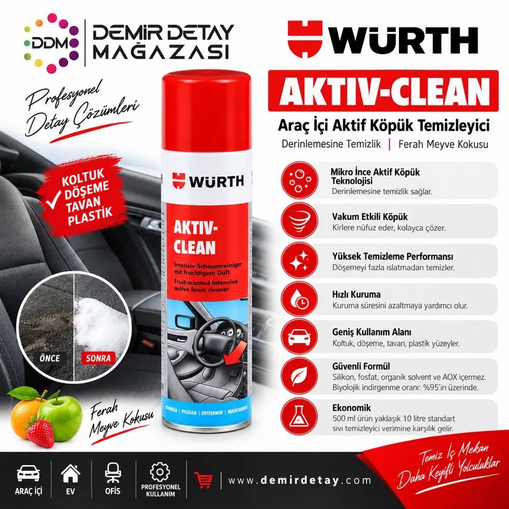 Würth Aktiv-Clean Araç İçi Temizleme Köpüğü 500 ml | Döşeme & Kumaş Temizleyici