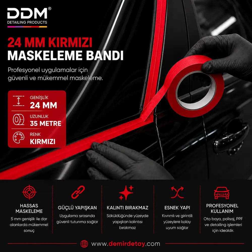 DDM 24 mm Kırmızı Maskeleme Bandı | Premium Polisaj ve Boya Koruma Bandı