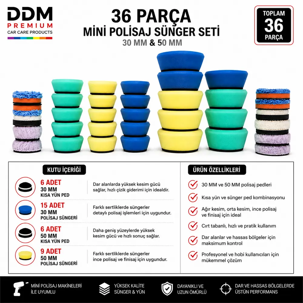 DDM 36 Parça Mini Polisaj Sünger Seti | 30 MM & 50 MM Mini Polisaj Pedi Seti