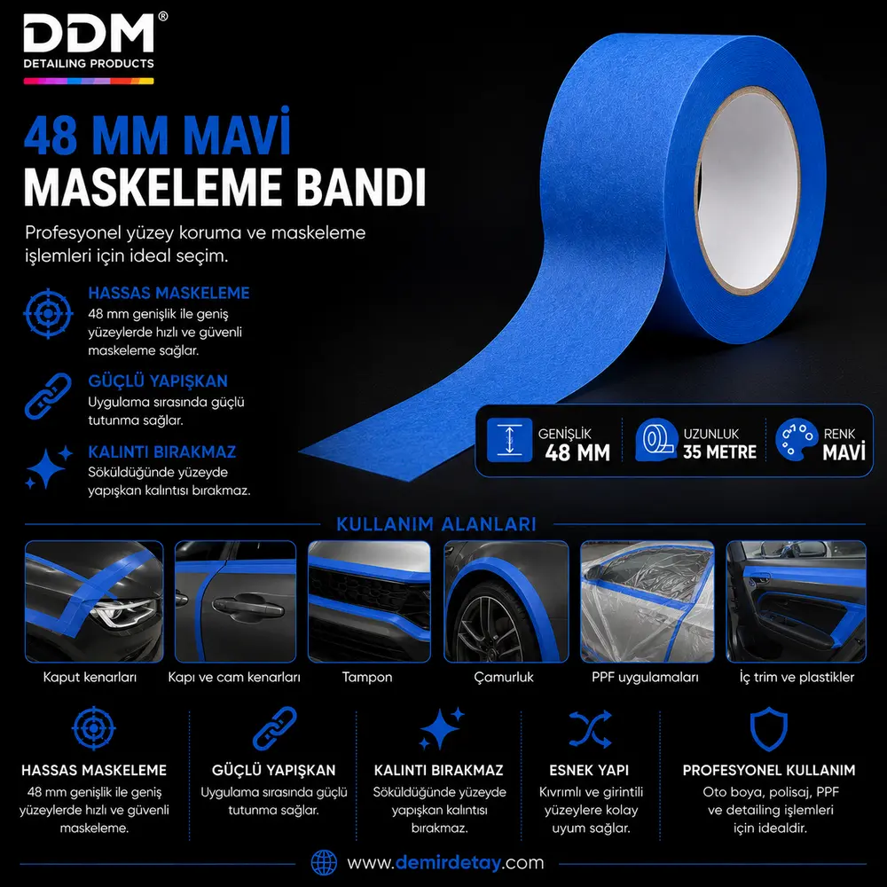 DDM 48 MM Mavi Maskeleme Bandı | Profesyonel Polisaj ve Boya Koruma Bandı