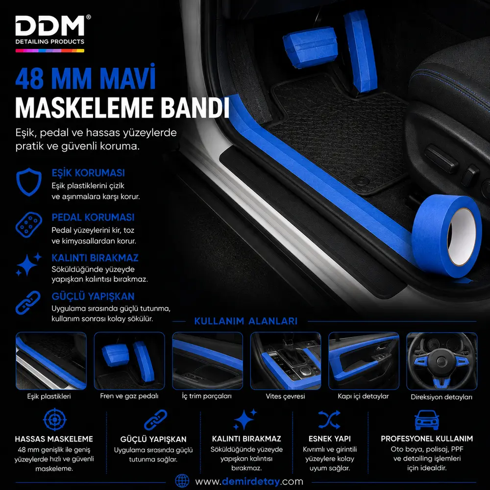 DDM 48 MM Mavi Maskeleme Bandı | Profesyonel Polisaj ve Boya Koruma Bandı