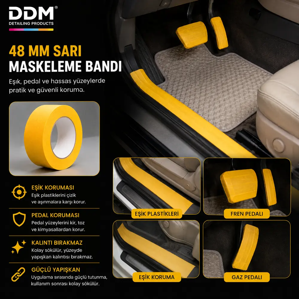 DDM 48 mm Sarı Maskeleme Bandı | Polisaj ve Boya Koruma İçin Profesyonel Bant