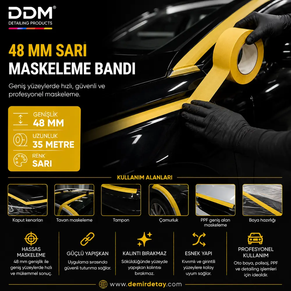 DDM 48 mm Sarı Maskeleme Bandı | Polisaj ve Boya Koruma İçin Profesyonel Bant