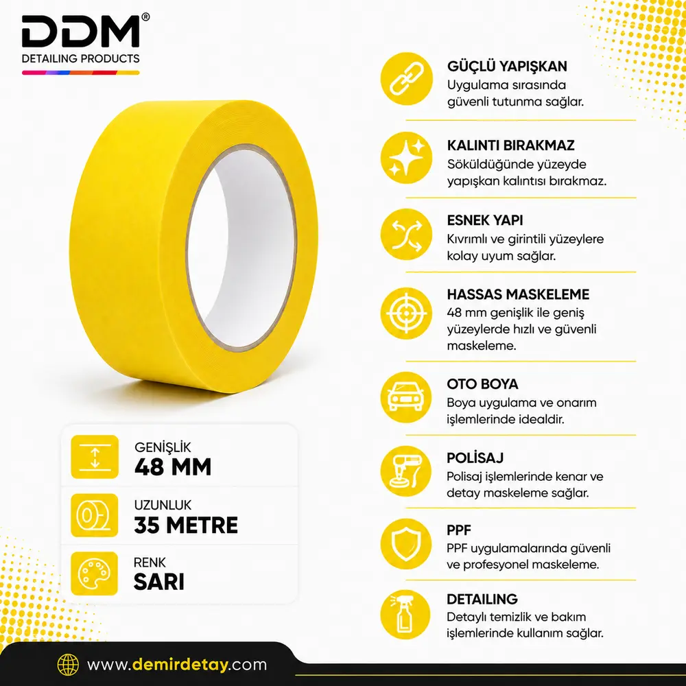 DDM 48 mm Sarı Maskeleme Bandı | Polisaj ve Boya Koruma İçin Profesyonel Bant