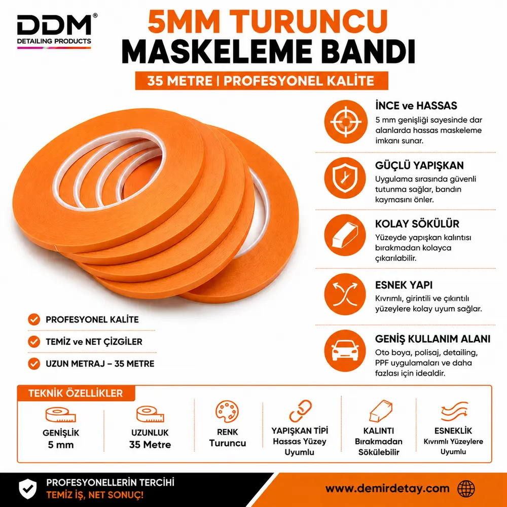 DDM 5 mm Turuncu Maskeleme Bandı 35 Metre Profesyonel Oto Boya ve Polisaj Bandı
