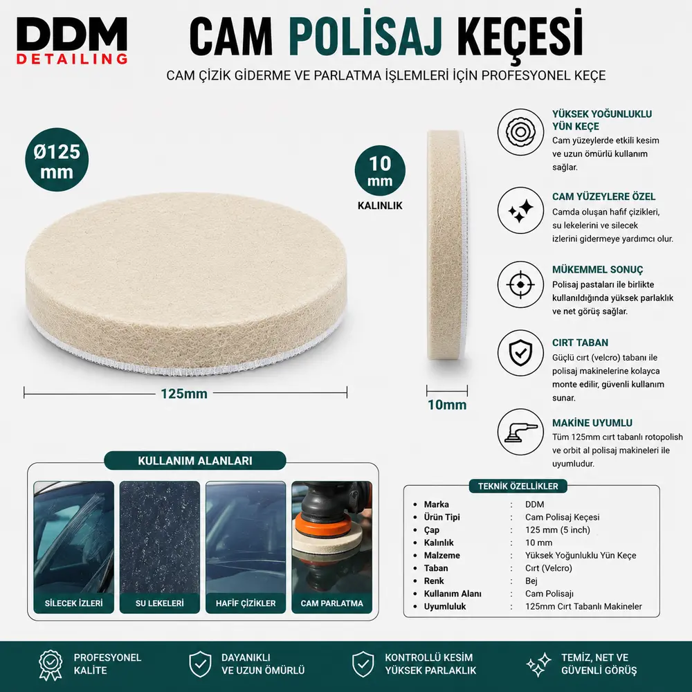 DDM Cam Polisaj Keçesi 125 mm x 10 mm | Cam Çizik Giderme Keçesi
