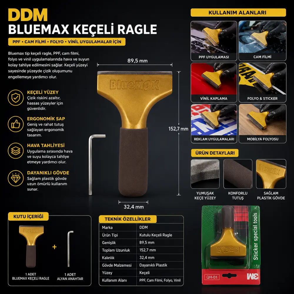 DDM Kutulu Bluemax Keçeli Ragle | PPF Cam Filmi ve Folyo Uygulama Aparatı