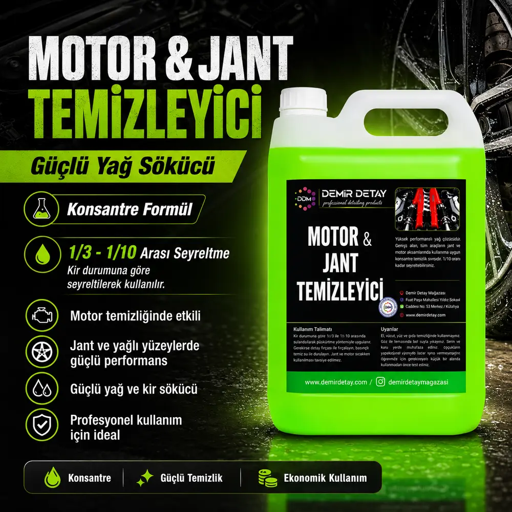 DDM Motor ve Jant Temizleyici Konsantre 5 Lt | Güçlü Yağ, Kir ve Balata Tozu Temizleyici