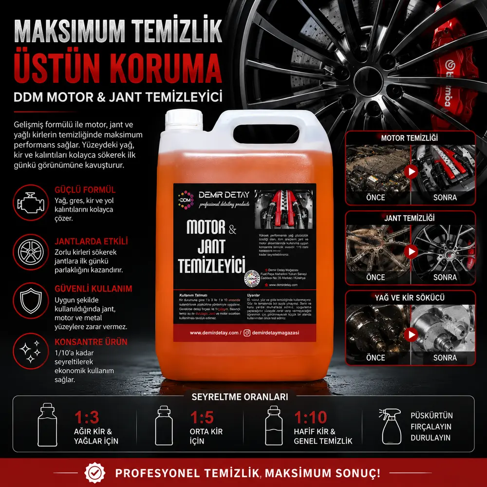 DDM Motor ve Jant Temizleyici Konsantre 5 Lt | Güçlü Yağ, Kir ve Balata Tozu Temizleyici