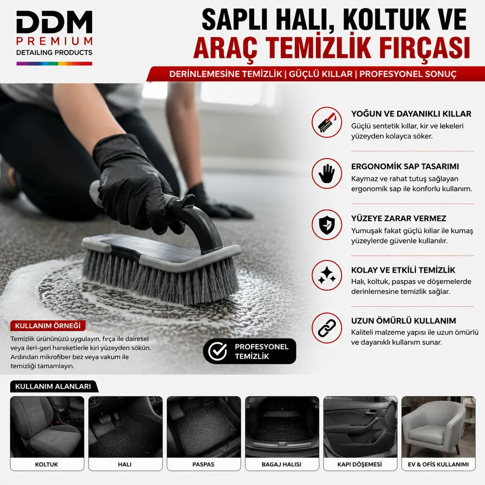 DDM Premium Saplı Halı, Koltuk ve Araç Temizlik Fırçası | Kumaş & Döşeme Temizleme Fırçası