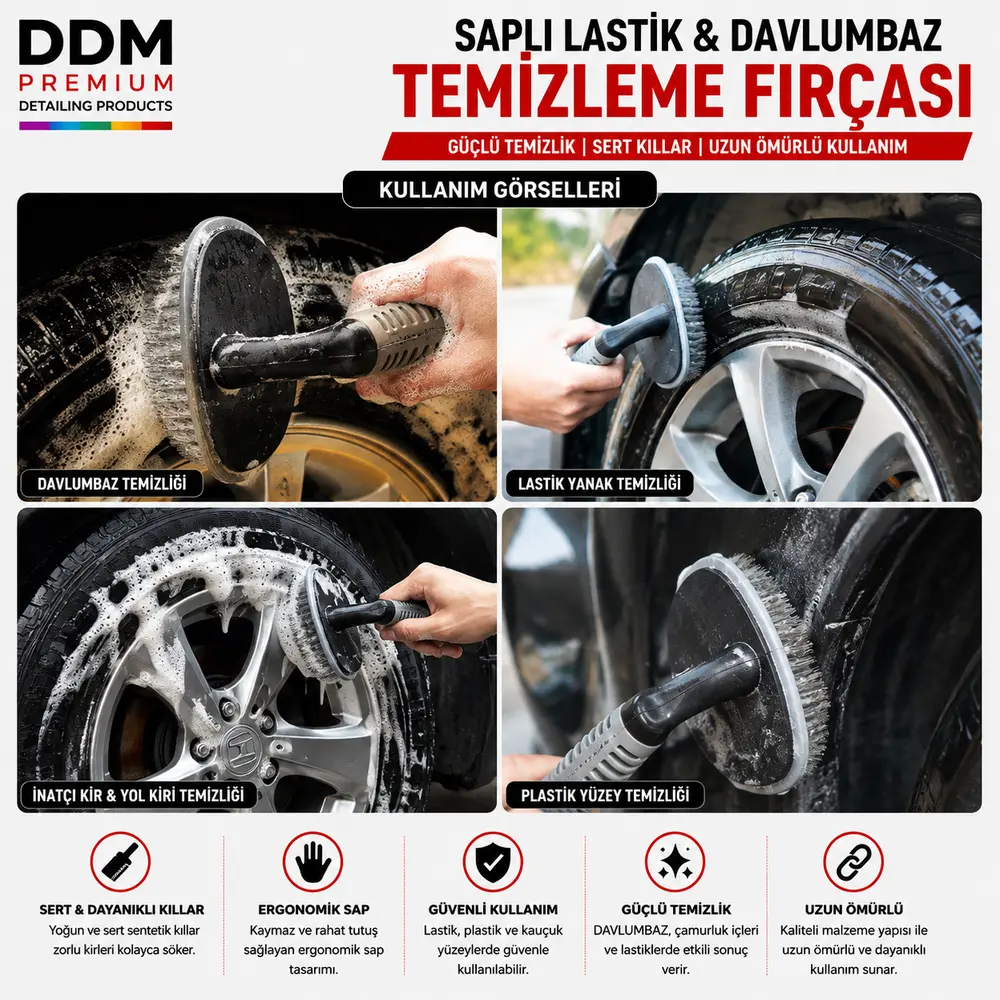 DDM Premium Saplı Lastik & Davlumbaz Temizleme Fırçası | Sert Kıllı Profesyonel Temizlik Fırçası