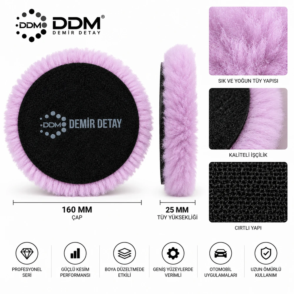 DDM Pro 160 mm Lila Kuzu Postu Polisaj Keçesi | Profesyonel Yoğun Dokulu Yün Keçe