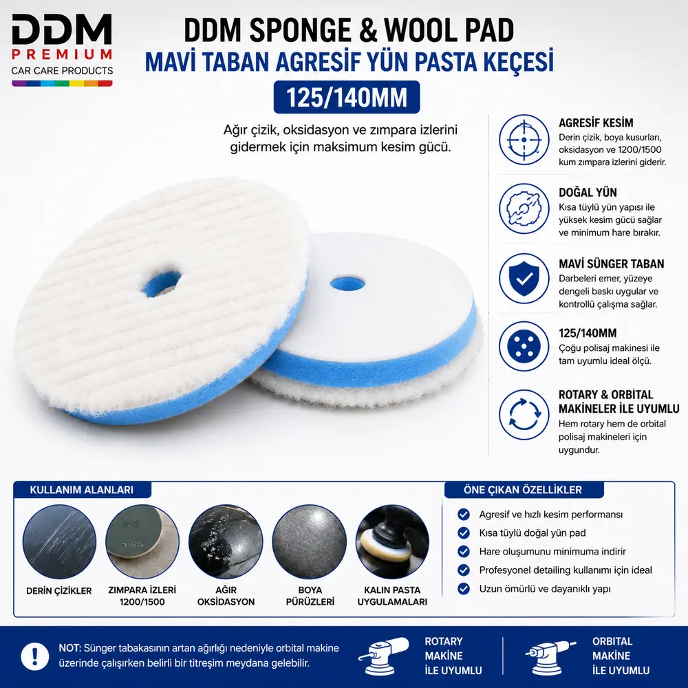 DDM Sponge & Wool Pad Mavi Taban Agresif Yün Pasta Keçesi 125/140 MM | Rotary & Orbital Polisaj Keçesi
