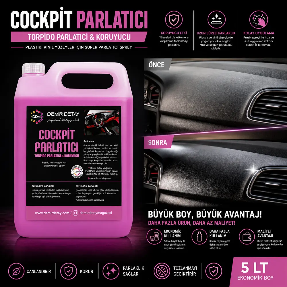 DDM Cockpit Torpido Parlatıcı ve Koruyucu 5 Lt | Mat Doğal Görünüm ve UV Koruma