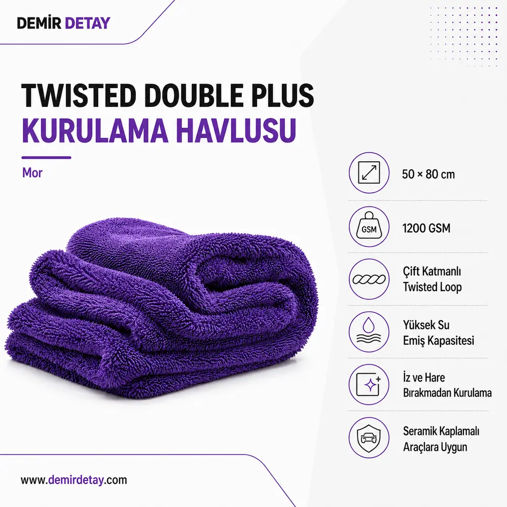 DDM Twisted Double Plus Kurulama Havlusu 50x80 cm Purple 1200 GSM | Premium Mikrofiber Kurulama Havlusu