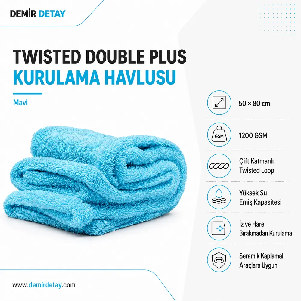 DDM Twisted Double Plus Kurulama Havlusu 50x80 cm Blue 1200 GSM | Premium Mikrofiber Kurulama Havlusu