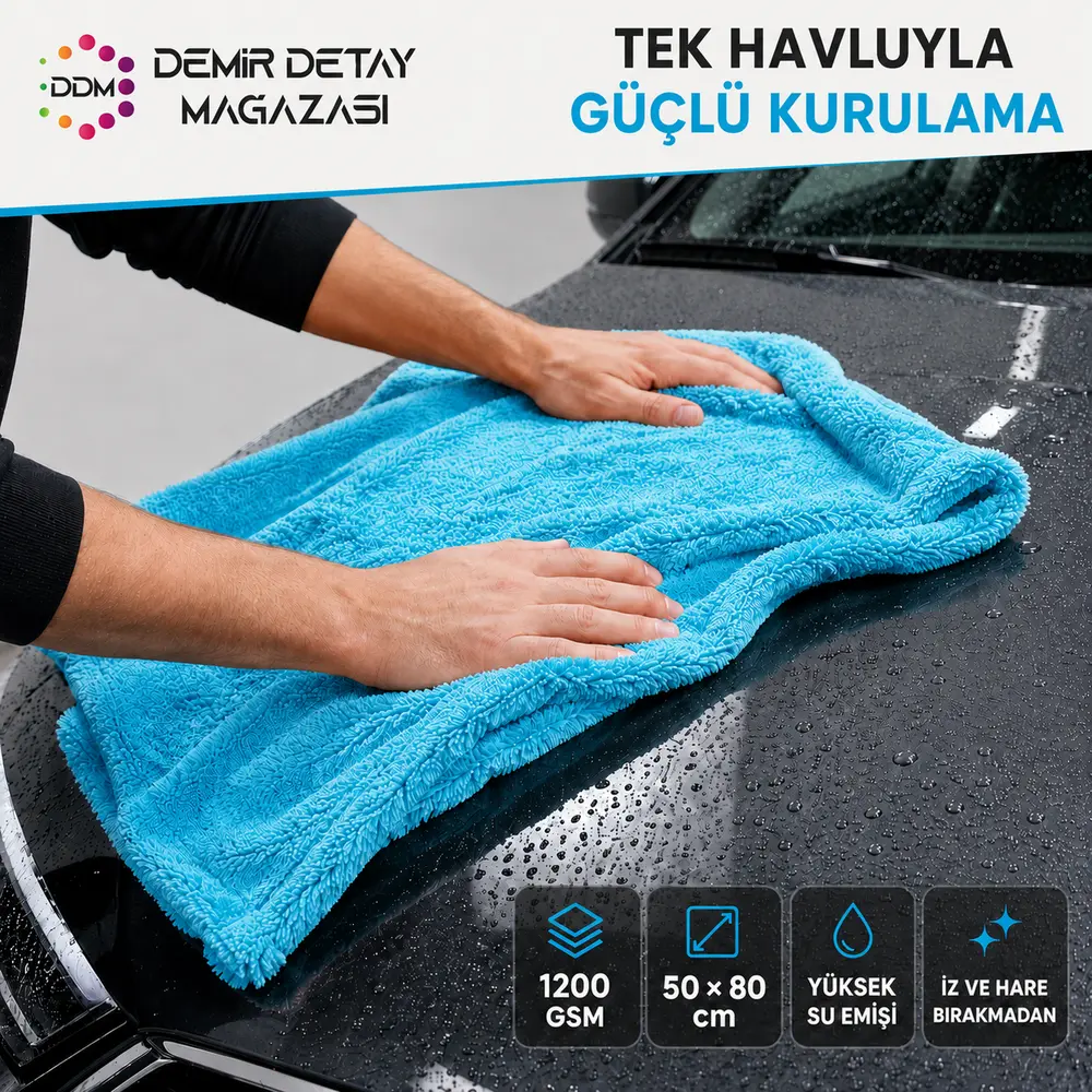 DDM Twisted Double Plus Kurulama Havlusu 50x80 cm Blue 1200 GSM | Premium Mikrofiber Kurulama Havlusu