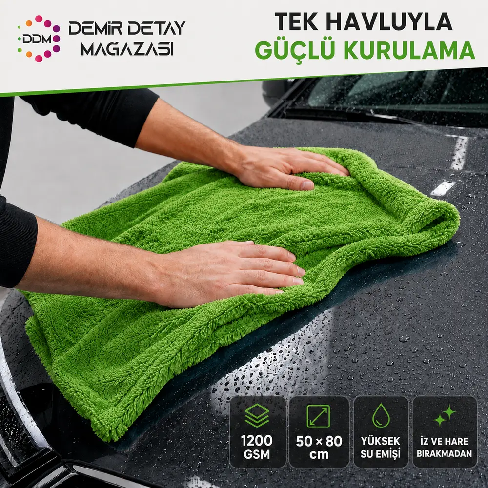 DDM Twisted Double Plus Kurulama Havlusu 50x80 cm Green 1200 GSM | Premium Mikrofiber Kurulama Havlusu