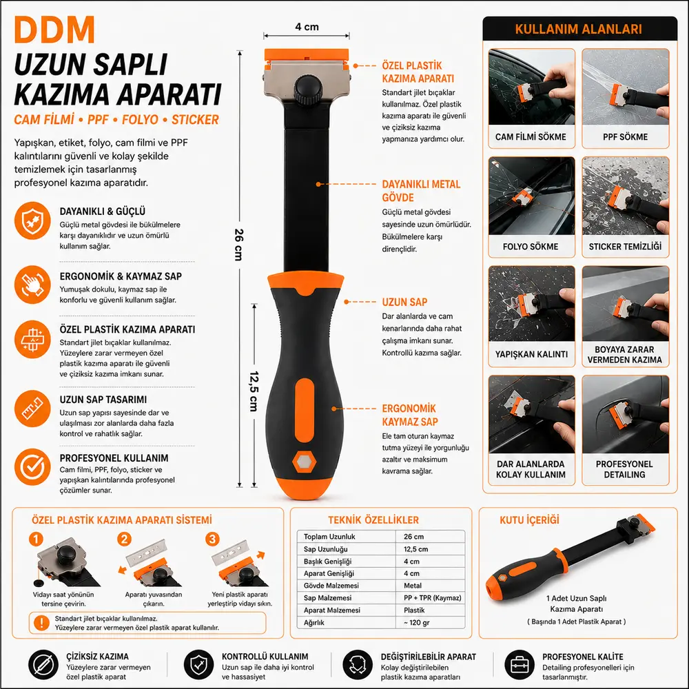 DDM Uzun Saplı Kazıma Spatulası | Cam Filmi, PPF ve Folyo Sökme Aparatı